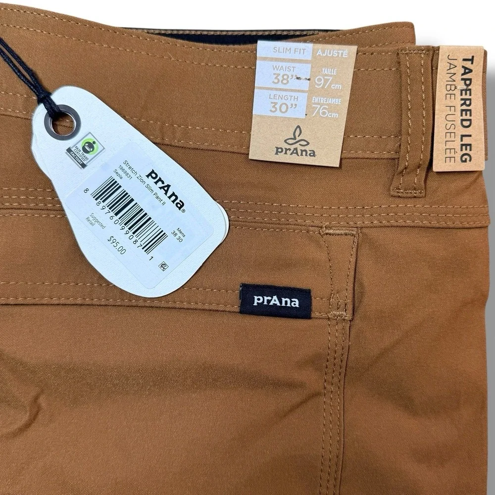 Prana Stretch Zion‎ Pant II Slim Fit Tapered Leg Mens 38 X 30 Sepia Brown NEW